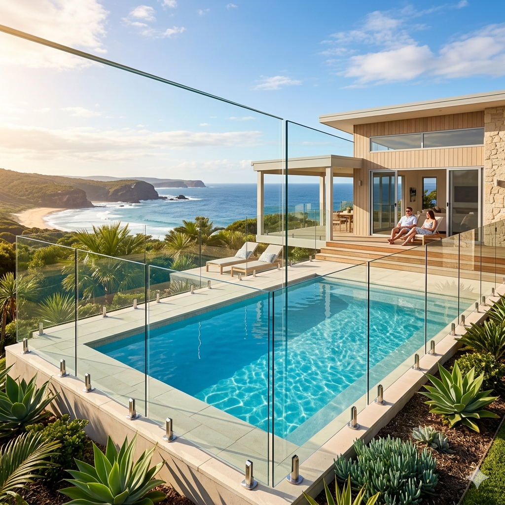 Modern coastal home with a glass-fenced swimming pool